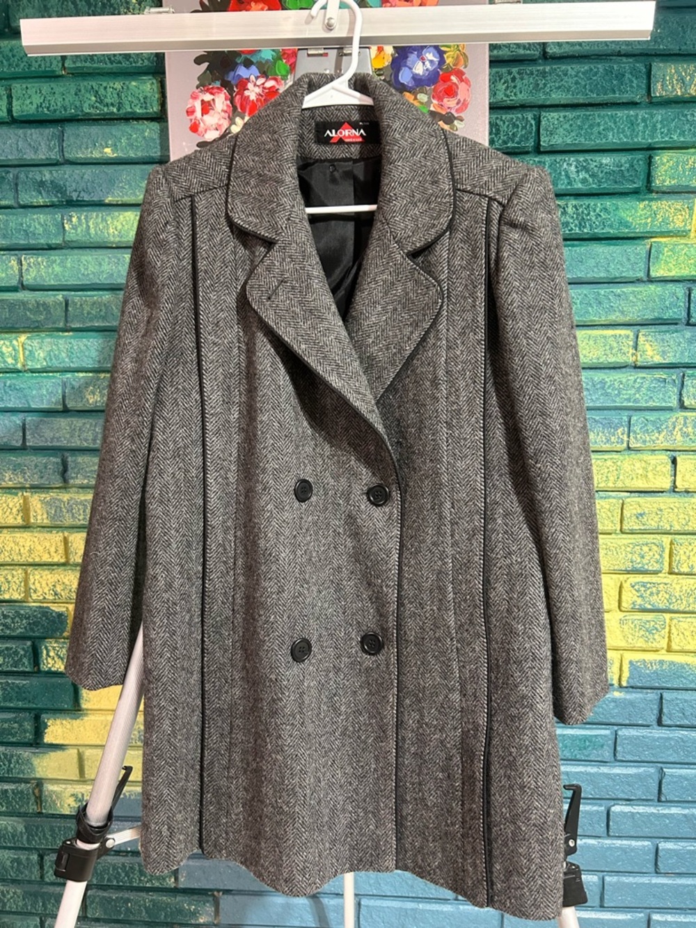 Gray Herringbone Double-Breasted Trench Coat vintage union tag USA fits Meduim